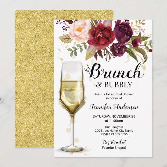 Burgundy Brunch & Bubbly Bridal Shower Invitation (Front/Back)
