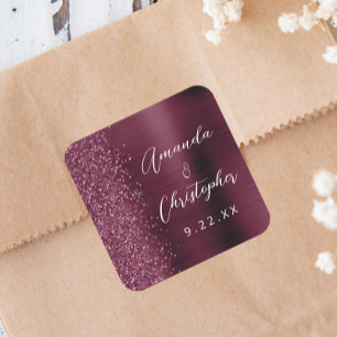Burgundy Brushed Metal Glitter Script Wedding Square Sticker
