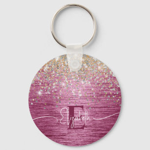Burgundy Brushed Metal Gold Faux Glitter Monogram  Keychain