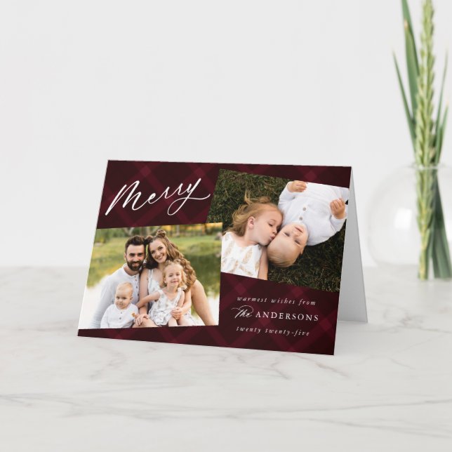Burgundy Brushed Plaid 4 Photo Holiday Card (Front)