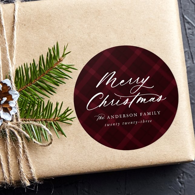Burgundy Brushed Plaid Merry Christmas Classic Round Sticker (Creator Uploaded)
