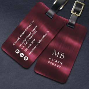 Burgundy Brushed Steel Faux Metal Monogram Luggage Tag