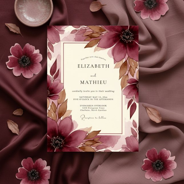 Burgundy Brushstroke Bloom Wedding Invitation (Creator Uploaded)