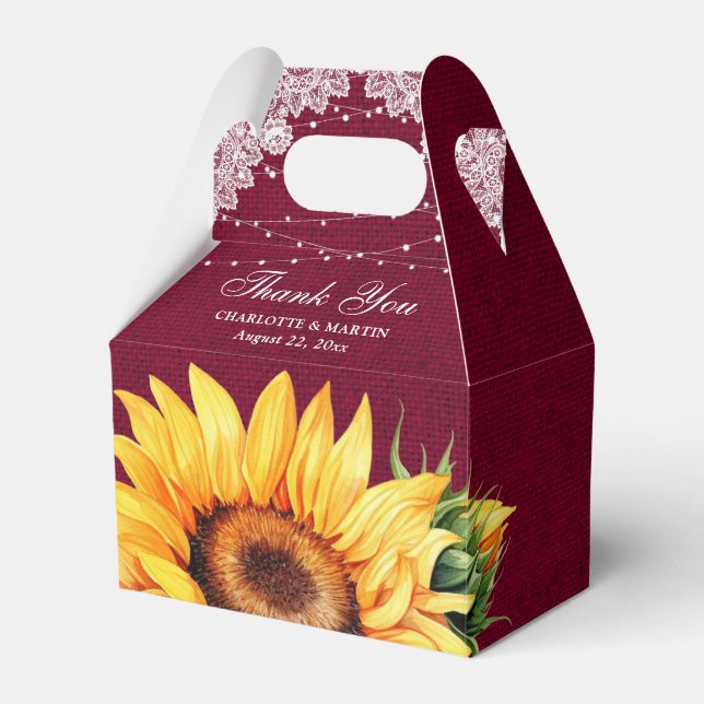 Burgundy Burlap Lace String Lights Sunflower Favor Box (Front Side)