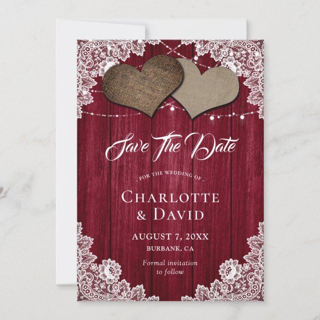 Burgundy Burlap Lace Wedding Save The Date Card (Front)