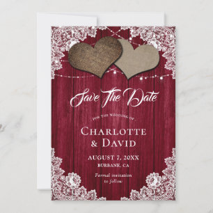 Burgundy Burlap Lace Wedding Save The Date Card