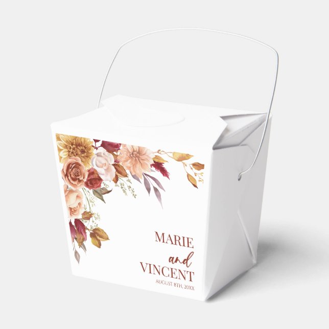 Burgundy Burnt Orange Brown Floral Flower Wedding Favor Box (Front Side)