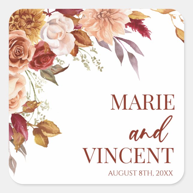 Burgundy Burnt Orange Brown Floral Flower Wedding Square Sticker (Front)