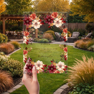 Burgundy burnt orange fall floral clear wedding acrylic invitations