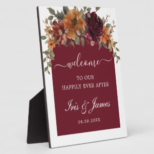 Burgundy Burnt Orange Floral Arch Wedding Welcome Plaque