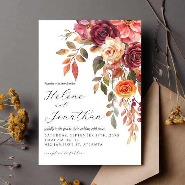 Burgundy Burnt Orange Floral Elegant Wedding Invitation (Burgundy Burnt Orange Floral Elegant Wedding Invitation)