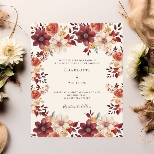 Burgundy burnt orange floral wedding invitation (Creator Uploaded)