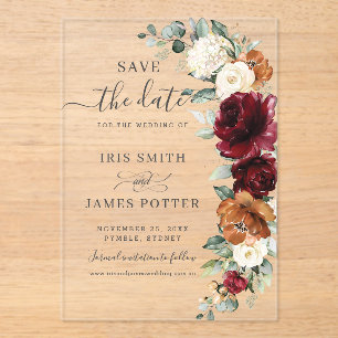 Burgundy Burnt Orange Floral Wedding Save the Date Acrylic Invitations
