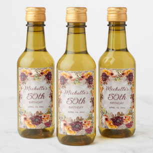 Burgundy Burnt Orange Floral Women 50th Birthday  Wine Label