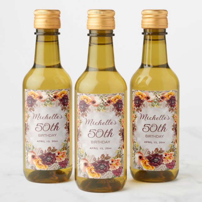 Burgundy Burnt Orange Floral Women 50th Birthday  Wine Label (Bottles)