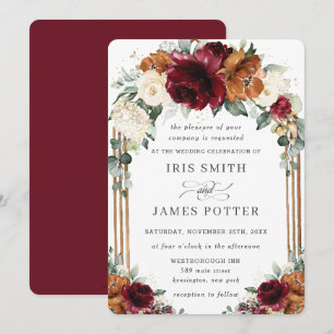 Burgundy Burnt Orange Ivory Floral Arch Wedding Invitation