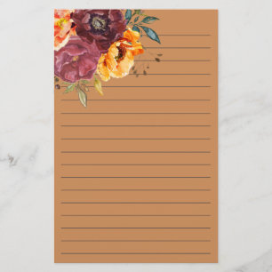 Burgundy Burnt Orange Watercolor Floral Lined  Sta Stationery