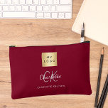 Burgundy business logo name monogram accessory pouch<br><div class="desc">Burgundy background,  white and grey text. Personalize and add your business logo,  first name,  monogram initials and full name.</div>