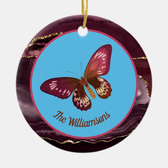Burgundy Butterfly on Blue Sky Merry and Bright Ceramic Ornament (Front)