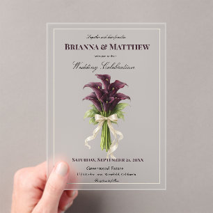 Burgundy Calla Lily Wedding Bouquet Ivory Ribbon  Acrylic Invitations