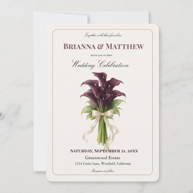 Burgundy Calla Lily Wedding Bouquet Ivory Ribbon  Invitation (Front)
