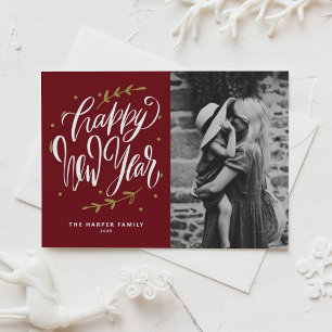 Burgundy Calligraphy and Wreath New Year Photo Holiday Card