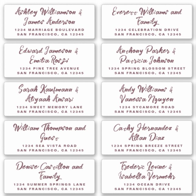 Burgundy Calligraphy Guest Address Labels (Front)