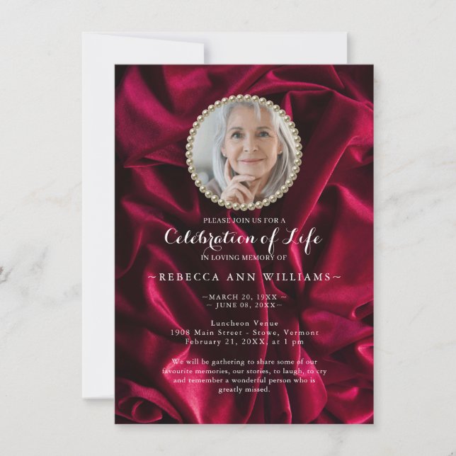 Burgundy Calligraphy Photo Celebration of Life Invitation (Front)