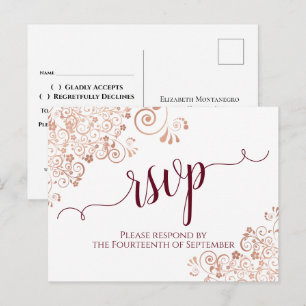 Burgundy Calligraphy Rose Gold Lace Wedding RSVP  Postcard
