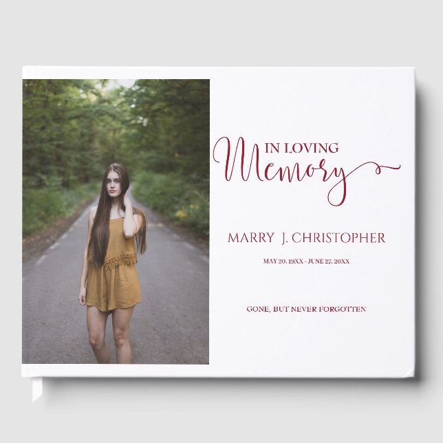 Burgundy Calligraphy Script In Loving Memory Photo Guest Book (Front)