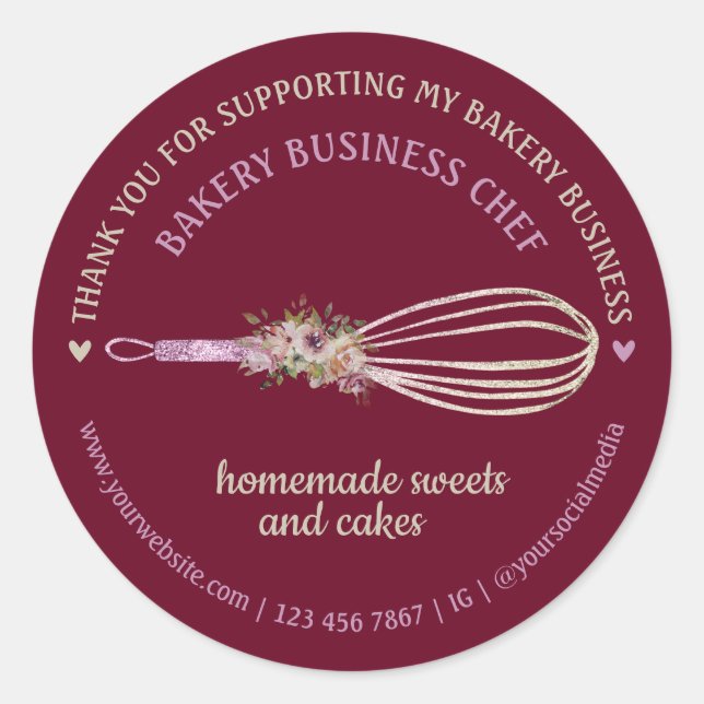 Burgundy Catering Bakery Chef Whisk Flower Thanks Classic Round Sticker (Front)