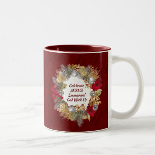 Burgundy CELEBRATE JESUS Christmas Wreath Two-Tone Coffee Mug