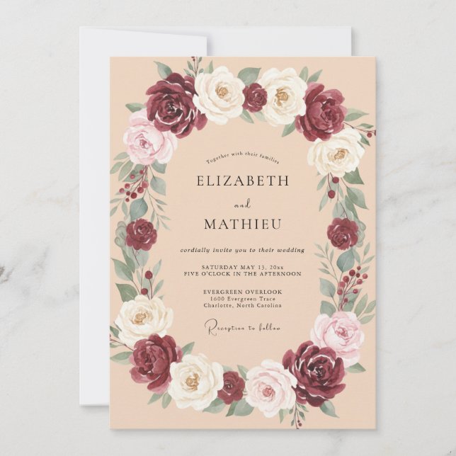 Burgundy Champagne Bloom Wedding Invitation (Front)