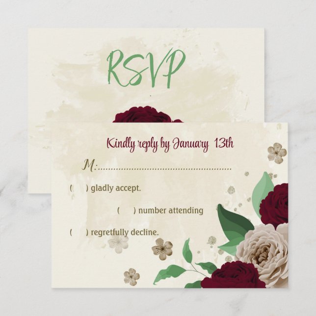 Burgundy champagne flowers botanical wedding RSVP card (Front/Back)