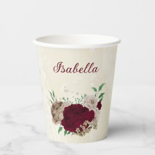 Burgundy champagne flowers paper cups