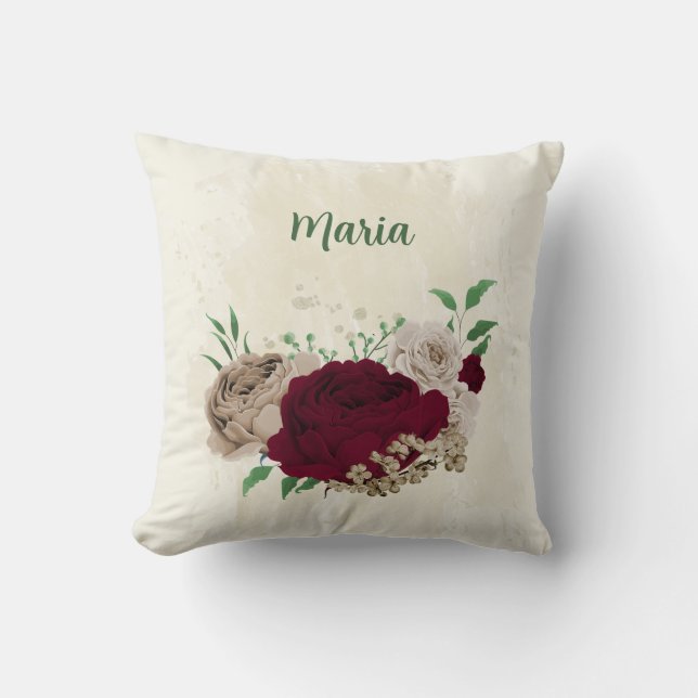 Burgundy champagne flowers throw pillow (Front)