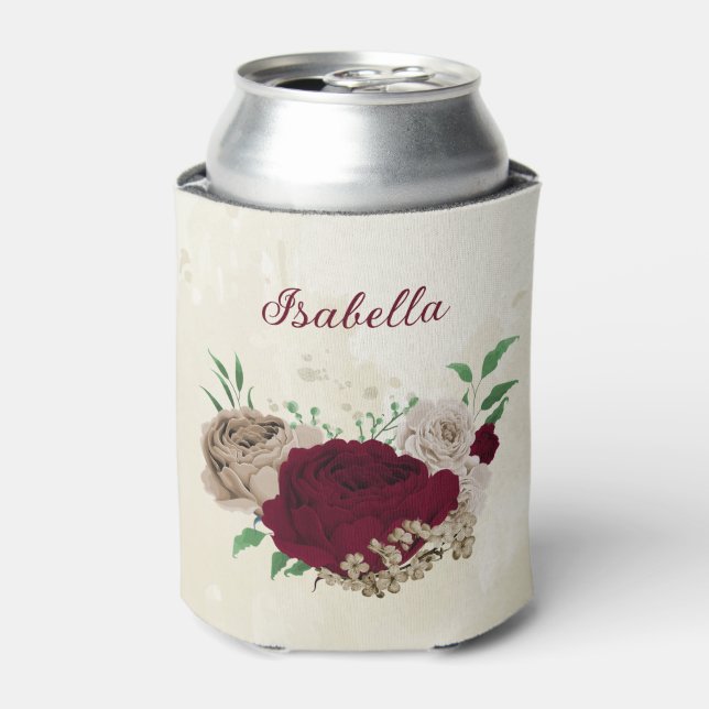 Burgundy champagne flowers wedding  can cooler (Can Front)