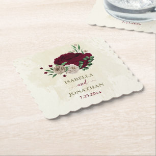 Burgundy champagne flowers wedding paper coaster