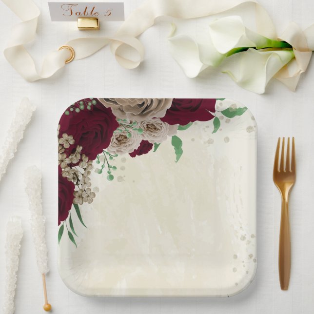 Burgundy champagne flowers wedding paper plate (Wedding)