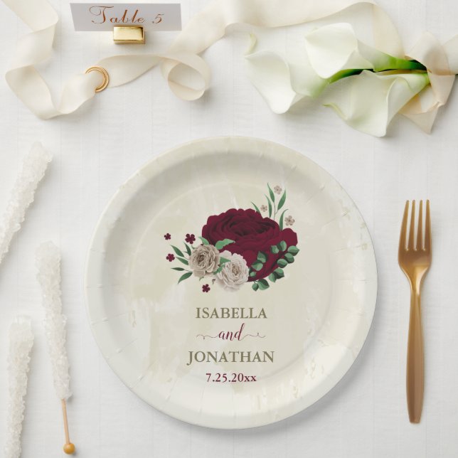 Burgundy champagne flowers wedding paper plate (Wedding)