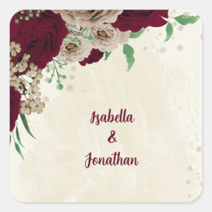 Burgundy champagne flowers wedding square sticker