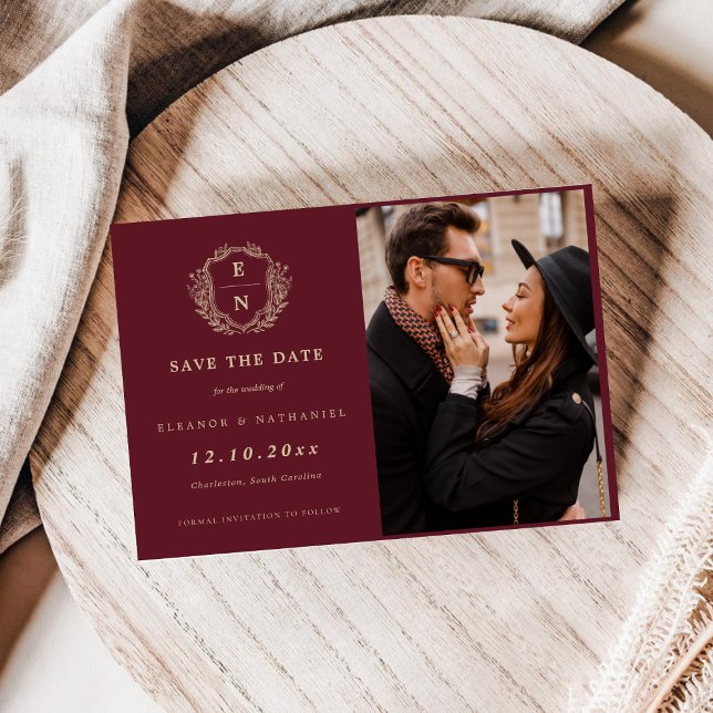 Burgundy Champagne Gold Crest Monogram Formal Save The Date (Burgundy Champagne Gold Crest Monogram Formal Save The Date)