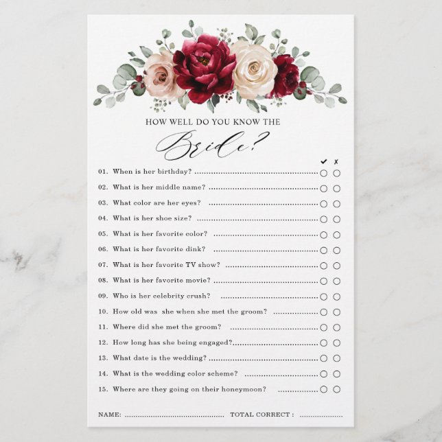 Burgundy Champagne Ivory Mauve Bridal Shower Game (Front)