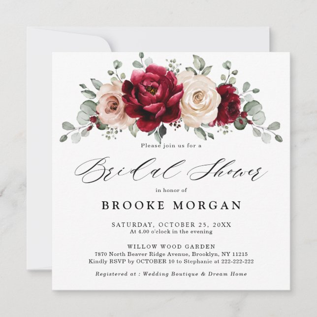 Burgundy Champagne Ivory Mauve Rose Bridal Shower Invitation (Front)
