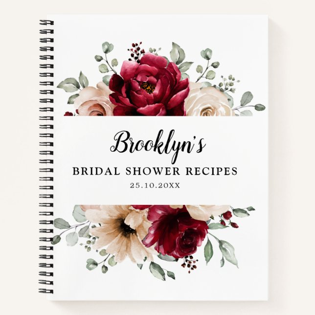 Burgundy Champagne Ivory Mauve Rose Bridal Shower Notebook (Front)