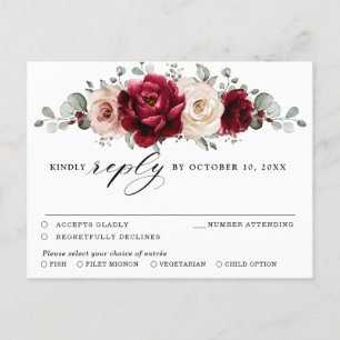 Burgundy Champagne Ivory Mauve Rose Floral RSVP Postcard