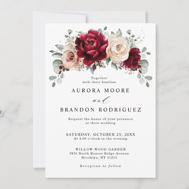 Burgundy Champagne Ivory Mauve Rose Floral Wedding Invitation (Front)