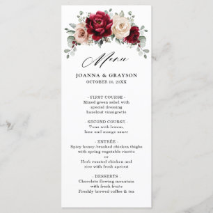 Burgundy Champagne Ivory Mauve Rose Floral Wedding Menu