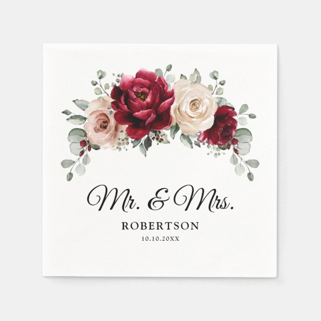 Burgundy Champagne Ivory Mauve Rose Floral Wedding Napkin (Front)