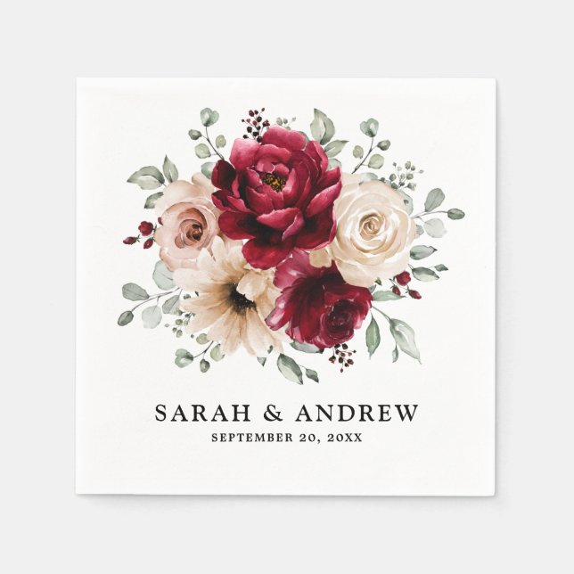 Burgundy Champagne Ivory Mauve Rose Floral Wedding Napkin (Front)